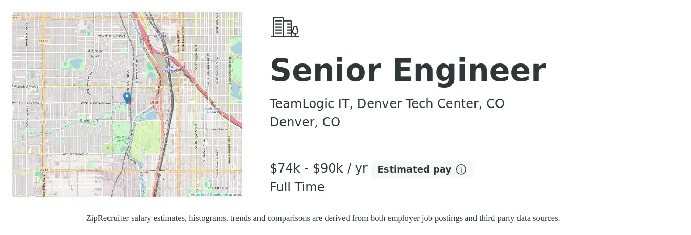 TeamLogic IT, Denver Tech Center, CO job posting for a Senior Engineer in Denver, CO with a salary of $74,000 to $90,000 Yearly with a map of Denver location.