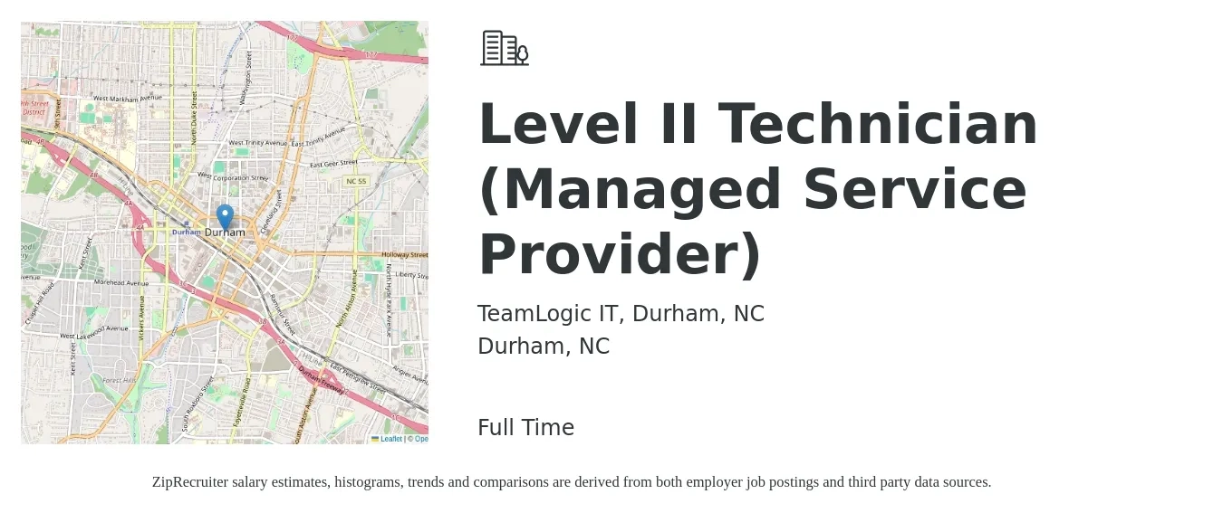TeamLogic IT, Durham, NC job posting for a Level II Technician (Managed Service Provider) in Durham, NC with a salary of $19 to $27 Hourly with a map of Durham location.