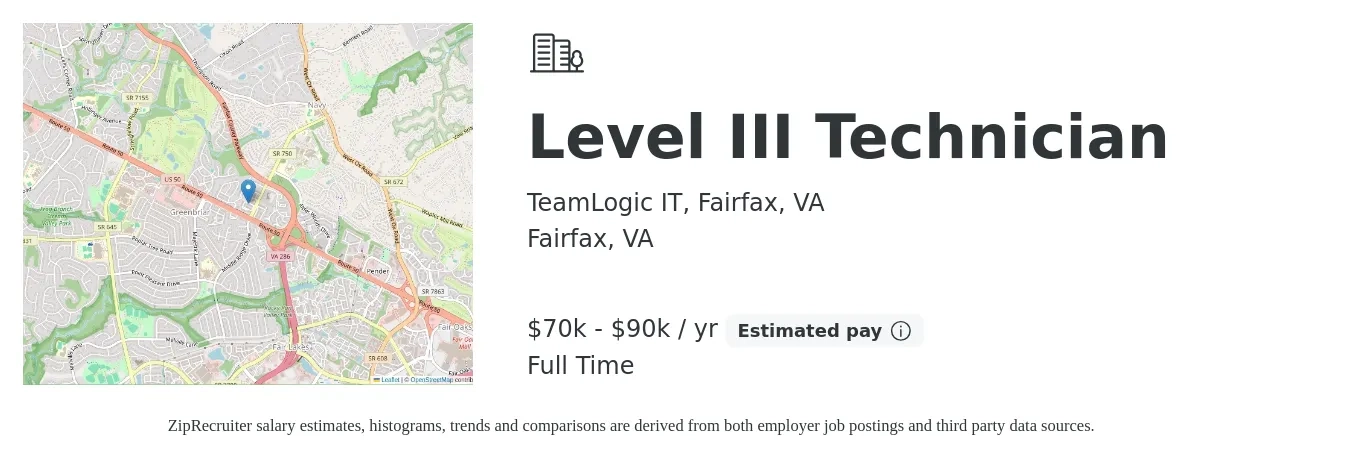 TeamLogic IT, Fairfax, VA job posting for a Level III Technician in Fairfax, VA with a salary of $70,000 to $90,000 Yearly with a map of Fairfax location.