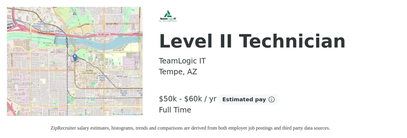 TeamLogic IT job posting for a Level II Technician in Tempe, AZ with a salary of $50,000 to $60,000 Yearly with a map of Tempe location.