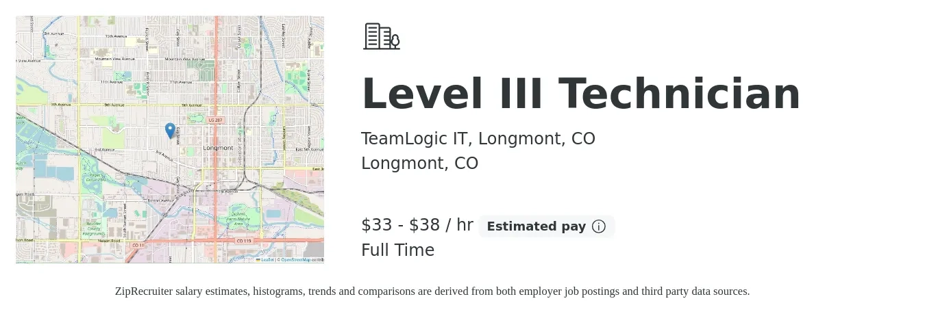 TeamLogic IT, Longmont, CO job posting for a Level III Technician in Longmont, CO with a salary of $35 to $40 Hourly with a map of Longmont location.