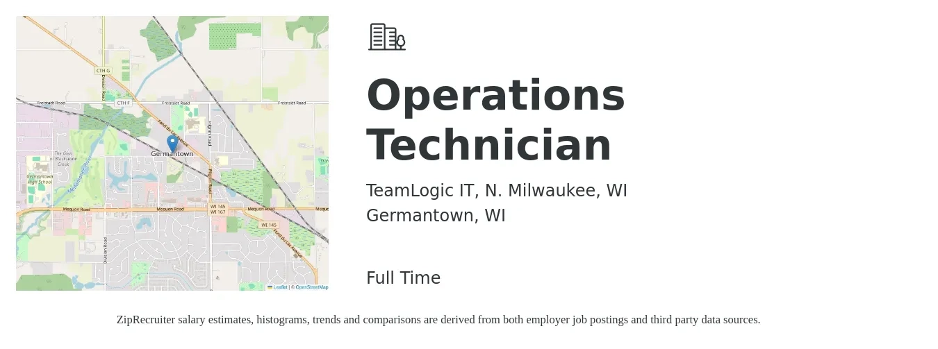 TeamLogic IT, N. Milwaukee, WI job posting for a Operations Technician in Germantown, WI with a salary of $20 to $29 Hourly with a map of Germantown location.