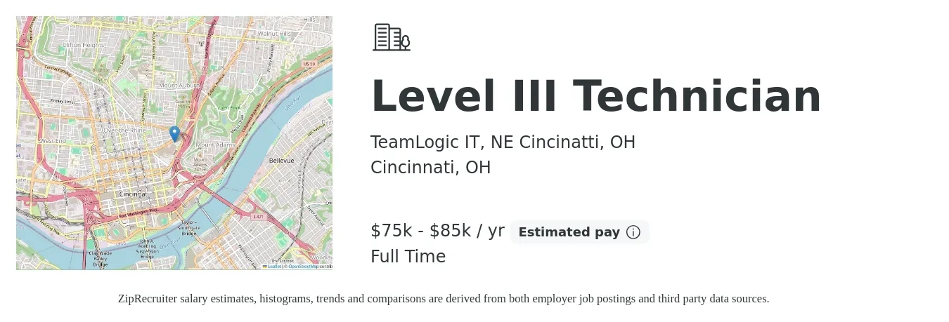 TeamLogic IT, NE Cincinatti, OH job posting for a Level III Technician in Cincinnati, OH with a salary of $75,000 to $85,000 Yearly with a map of Cincinnati location.