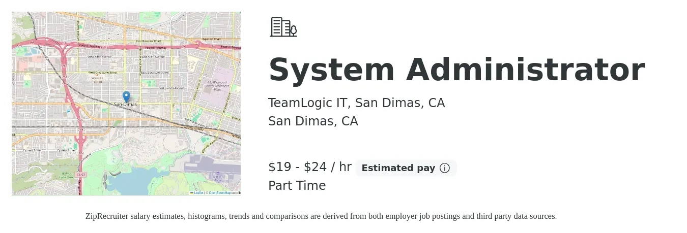 TeamLogic IT, San Dimas, CA job posting for a System Administrator in San Dimas, CA with a salary of $25 to $30 Hourly with a map of San Dimas location.