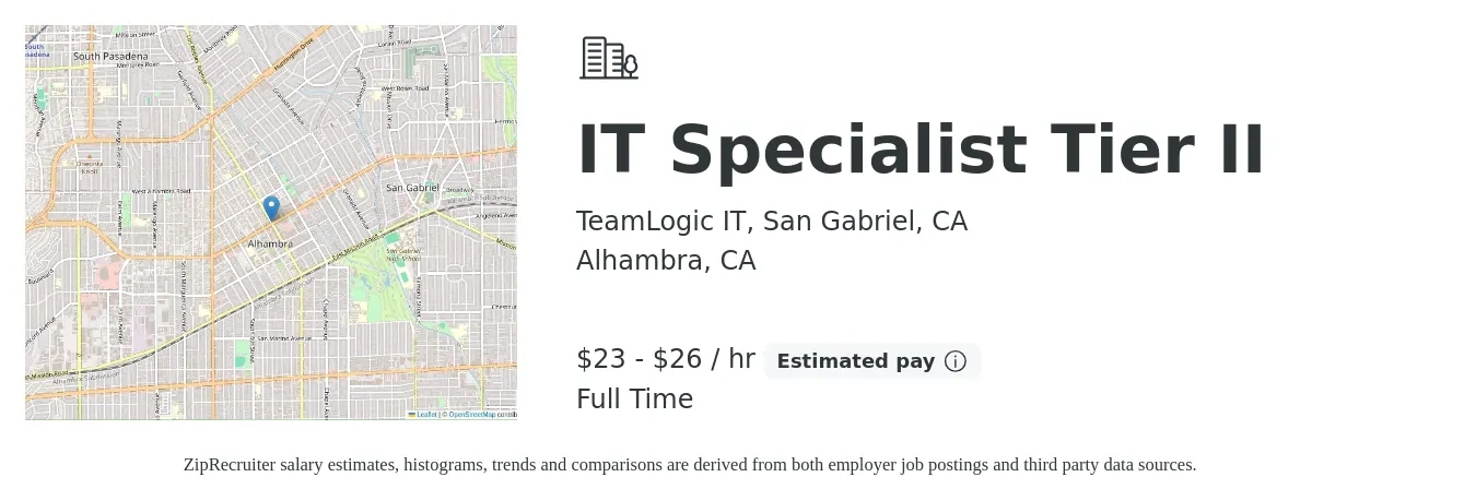 TeamLogic IT, San Gabriel, CA job posting for a IT Specialist Tier II in Alhambra, CA with a salary of $24 to $28 Hourly with a map of Alhambra location.