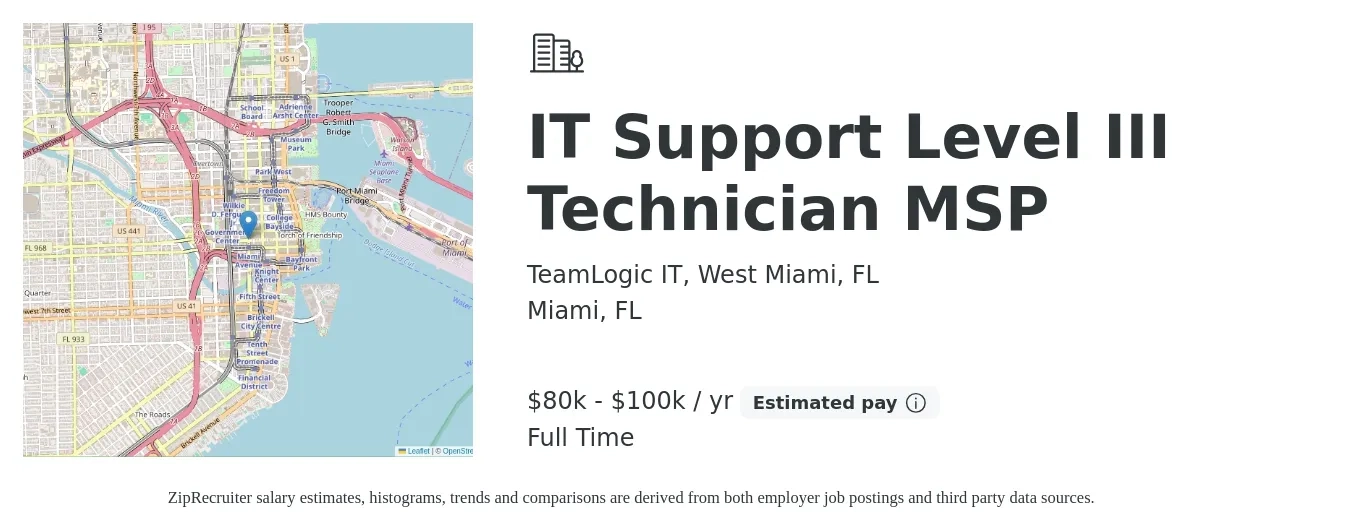 TeamLogic IT, West Miami, FL job posting for a IT Support Level III Technician MSP in Miami, FL with a salary of $80,000 to $100,000 Yearly with a map of Miami location.