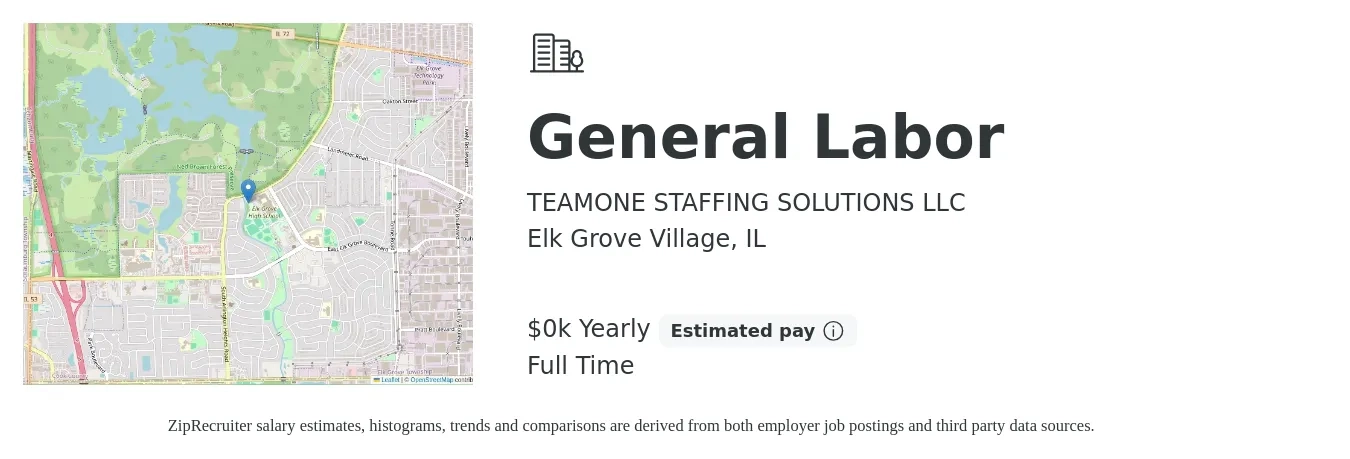 TEAMONE STAFFING SOLUTIONS LLC job posting for a General Labor in Elk Grove Village, IL with a salary of $16 to $17 Yearly with a map of Elk Grove Village location.