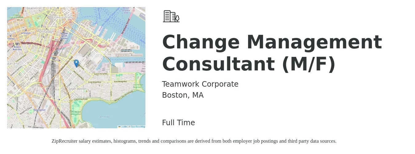 Teamwork Corporate job posting for a Change Management Consultant (M/F) in Boston, MA with a salary of $59 to $84 Hourly with a map of Boston location.