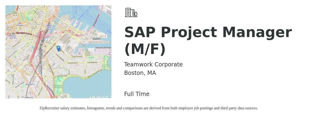 Teamwork Corporate job posting for a SAP Project Manager (M/F) in Boston, MA with a salary of $67 to $96 Hourly with a map of Boston location.