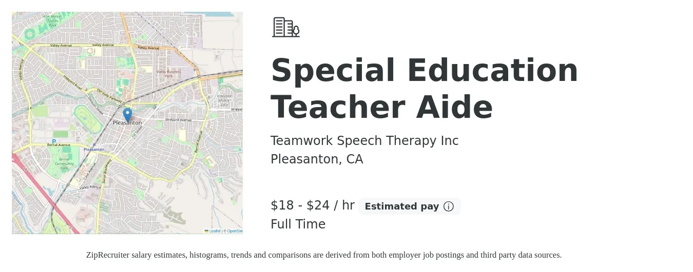 Teamwork Speech Therapy Inc job posting for a Special Education Teacher Aide in Pleasanton, CA with a salary of $19 to $25 Hourly with a map of Pleasanton location.