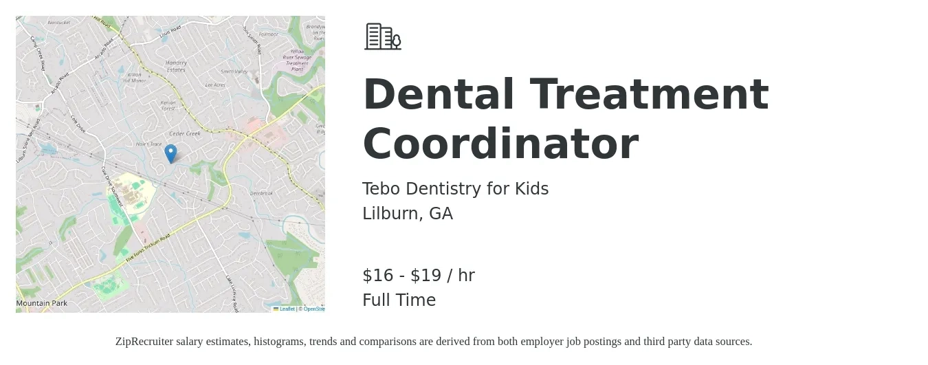 Tebo Dentistry for Kids job posting for a Dental Treatment Coordinator in Lilburn, GA with a salary of $17 to $20 Hourly with a map of Lilburn location.
