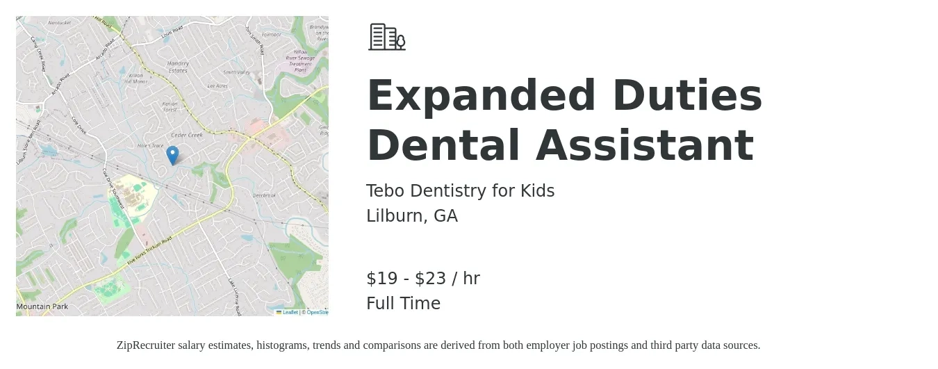 Tebo Dentistry for Kids job posting for a Expanded Duties Dental Assistant in Lilburn, GA with a salary of $20 to $24 Hourly with a map of Lilburn location.