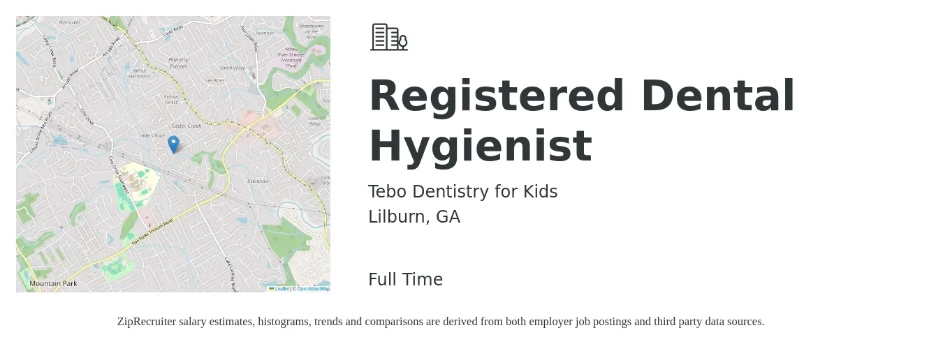 Tebo Dentistry for Kids job posting for a Registered Dental Hygienist in Lilburn, GA with a salary of $37 to $46 Hourly with a map of Lilburn location.