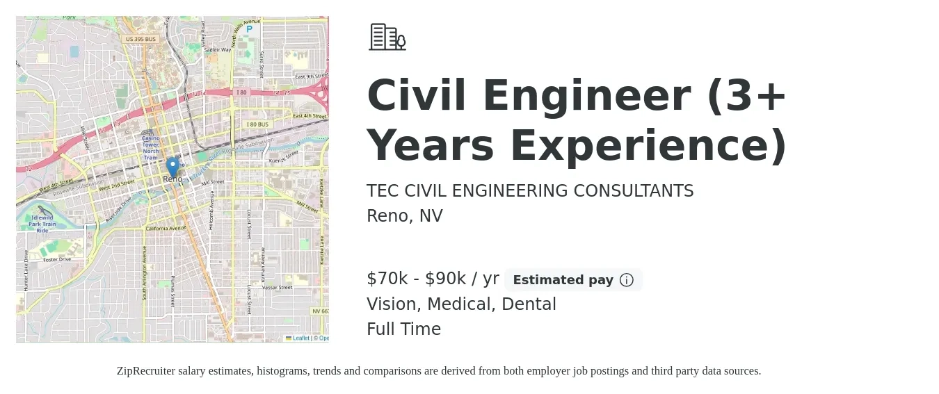 TEC CIVIL ENGINEERING CONSULTANTS job posting for a Civil Engineer (3+ Years Experience) in Reno, NV with a salary of $70,000 to $90,000 Yearly and benefits including medical, pto, retirement, vision, and dental with a map of Reno location.