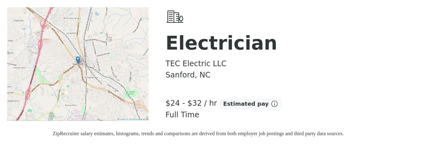 TEC Electric LLC job posting for a Electrician in Sanford, NC with a salary of $25 to $34 Hourly with a map of Sanford location.