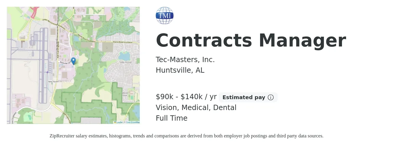 Tec-Masters, Inc. job posting for a Contracts Manager in Huntsville, AL with a salary of $90,000 to $140,000 Yearly and benefits including vision, dental, life_insurance, medical, pto, and retirement with a map of Huntsville location.