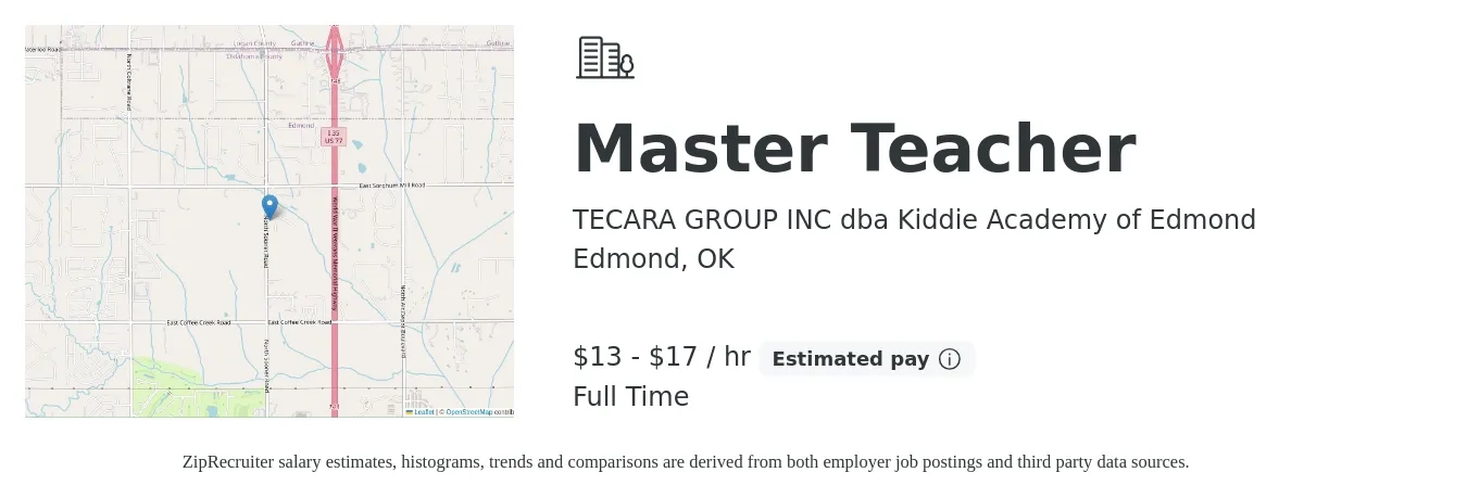TECARA GROUP INC dba Kiddie Academy of Edmond job posting for a Master Teacher in Edmond, OK with a salary of $14 to $18 Hourly with a map of Edmond location.