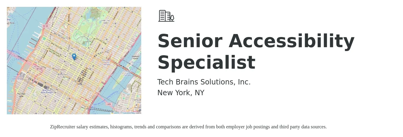 Tech Brains Solutions, Inc. job posting for a Senior Accessibility Specialist in New York, NY with a salary of $66,600 to $133,200 Yearly with a map of New York location.