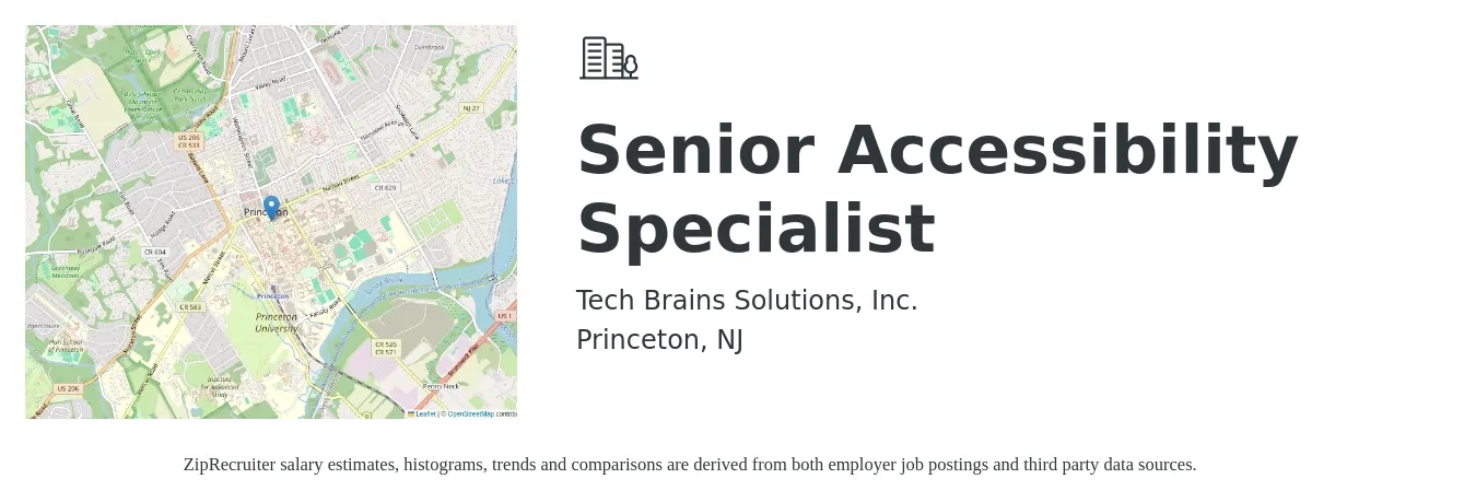 Tech Brains Solutions, Inc. job posting for a Senior Accessibility Specialist in Princeton, NJ with a salary of $78,800 to $122,700 Yearly with a map of Princeton location.