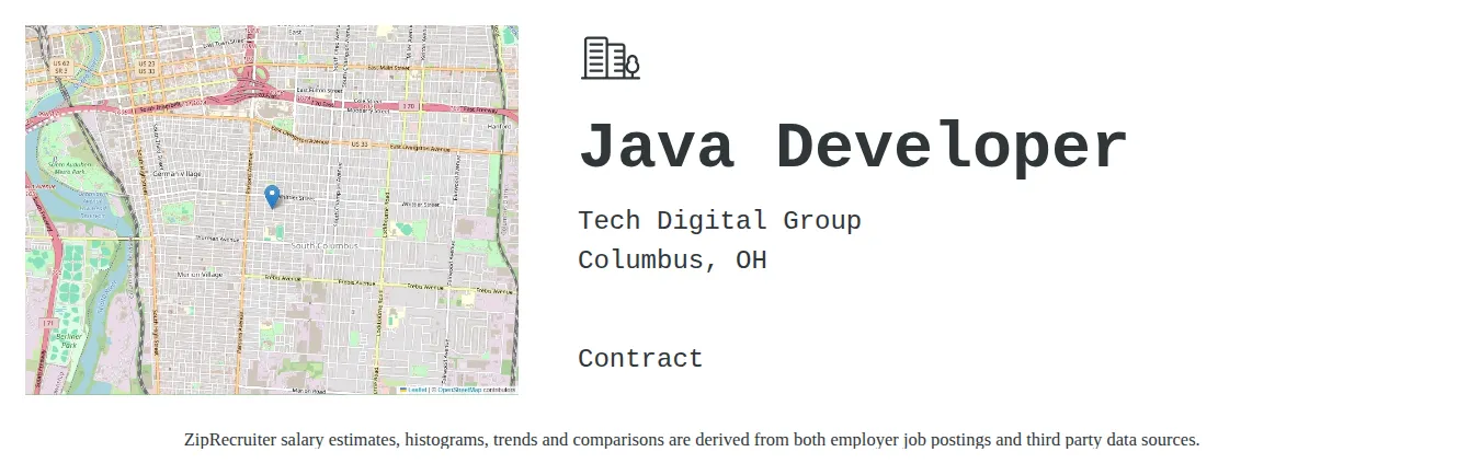 Tech Digital Group job posting for a Java Developer in Columbus, OH with a salary of $49 to $64 Hourly with a map of Columbus location.