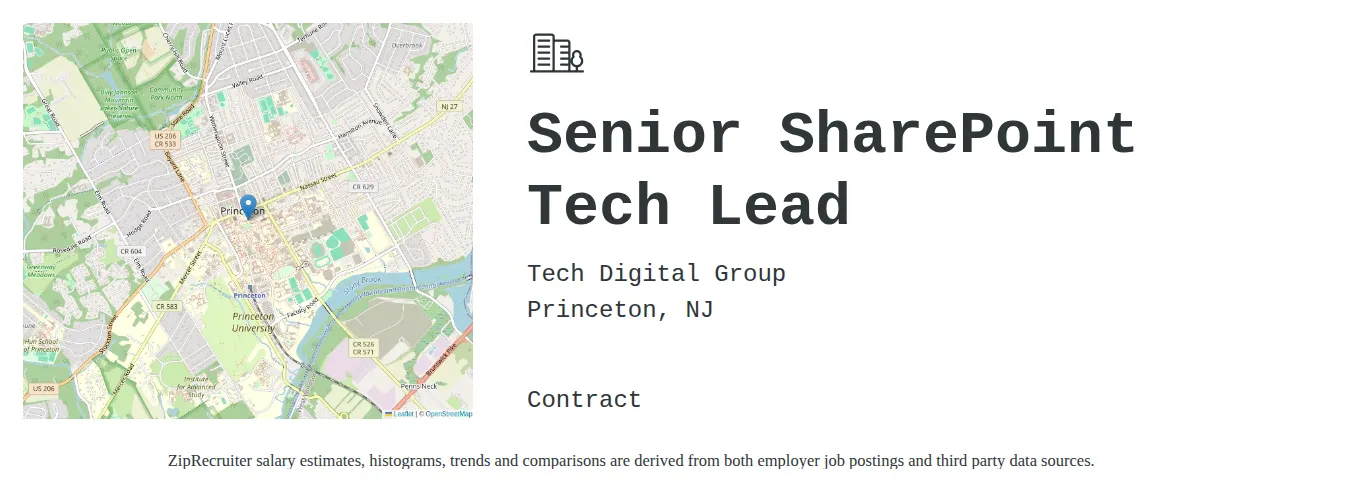 Tech Digital Group job posting for a Senior SharePoint Tech Lead in Princeton, NJ with a salary of $113,700 to $136,300 Annually with a map of Princeton location.
