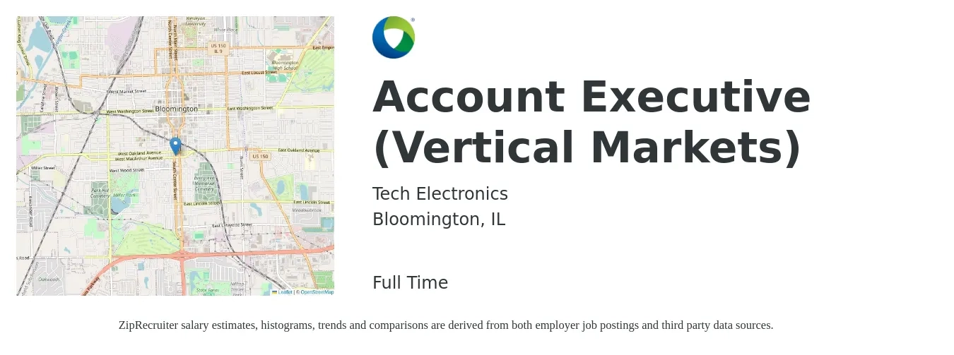 Tech Electronics job posting for a Account Executive (Vertical Markets) in Bloomington, IL with a salary of $51,400 to $90,400 Yearly with a map of Bloomington location.