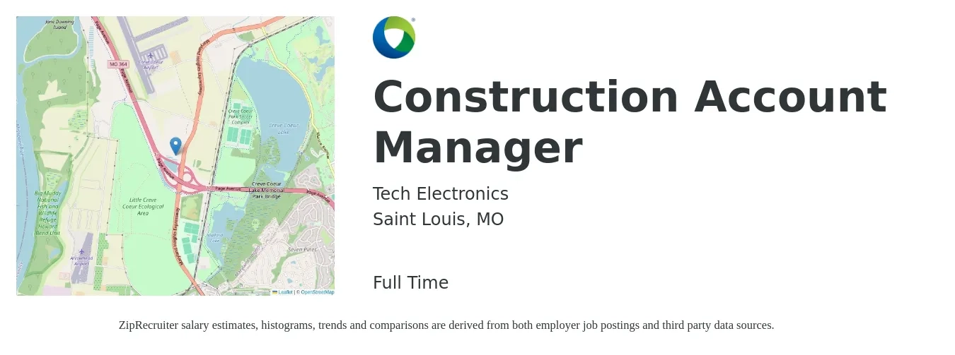 Tech Electronics job posting for a Construction Account Manager in Saint Louis, MO with a salary of $46,700 to $76,300 Yearly with a map of Saint Louis location.
