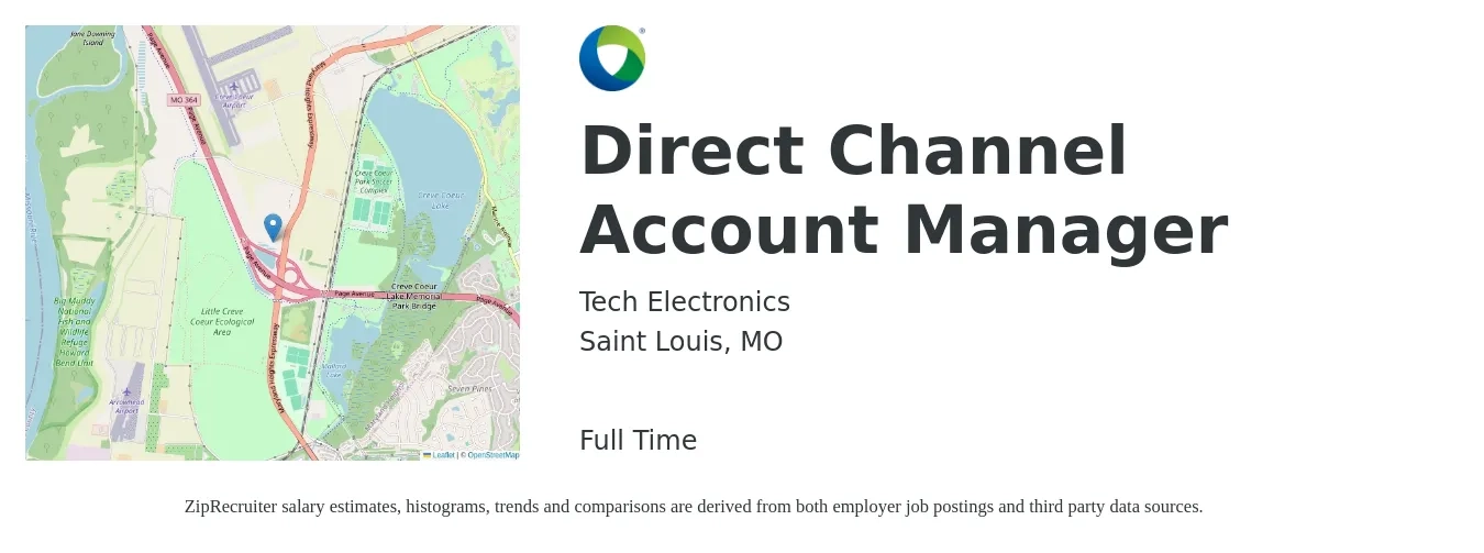 Tech Electronics job posting for a Direct Channel Account Manager in Saint Louis, MO with a salary of $44,100 to $72,100 Yearly with a map of Saint Louis location.