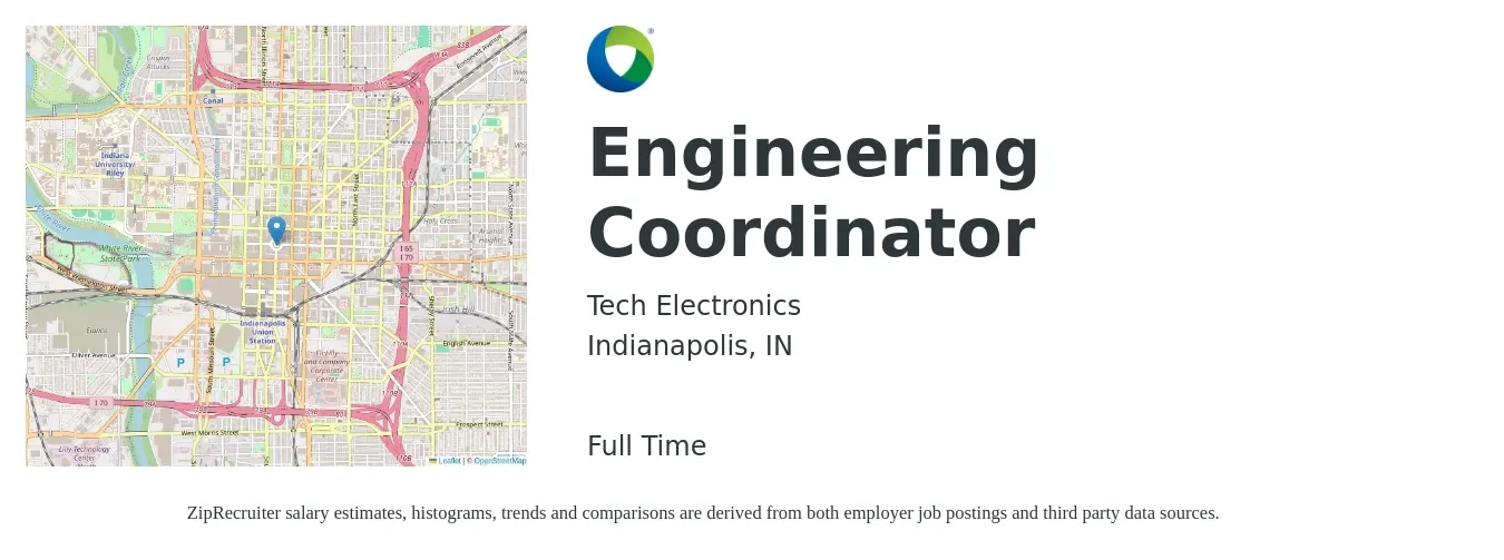 Tech Electronics job posting for a Engineering Coordinator in Indianapolis, IN with a salary of $44,900 to $79,800 Yearly with a map of Indianapolis location.