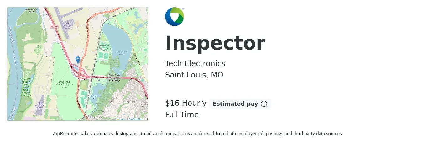 Tech Electronics job posting for a Inspector in Saint Louis, MO with a salary of $17 to $43 Hourly with a map of Saint Louis location.