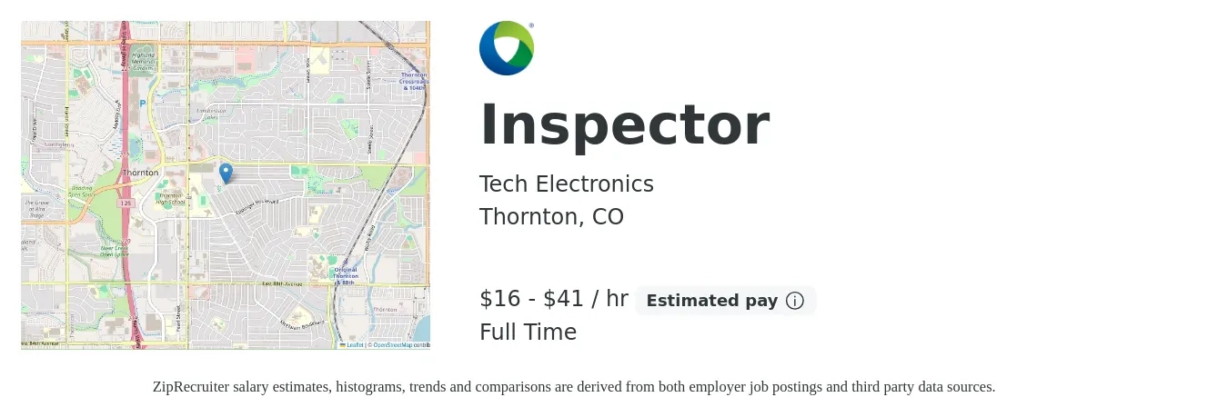 Tech Electronics job posting for a Inspector in Thornton, CO with a salary of $17 to $43 Hourly with a map of Thornton location.