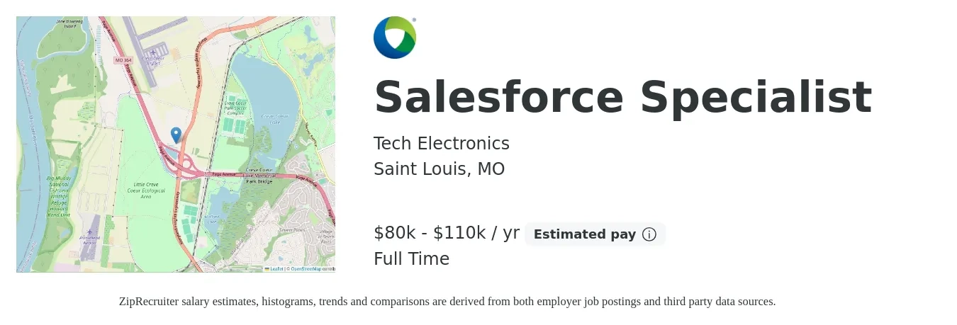 Tech Electronics job posting for a Salesforce Specialist in Saint Louis, MO with a salary of $65,000 to $80,000 Yearly with a map of Saint Louis location.