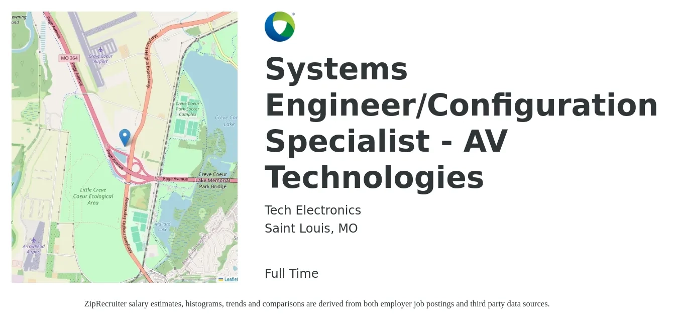 Tech Electronics job posting for a Systems Engineer/Configuration Specialist - AV Technologies in Saint Louis, MO with a salary of $90,000 to $144,200 Yearly with a map of Saint Louis location.