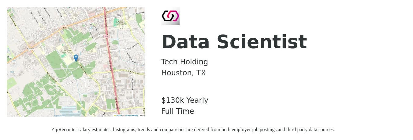 Tech Holding job posting for a Data Scientist in Houston, TX with a salary of $130,000 Yearly with a map of Houston location.