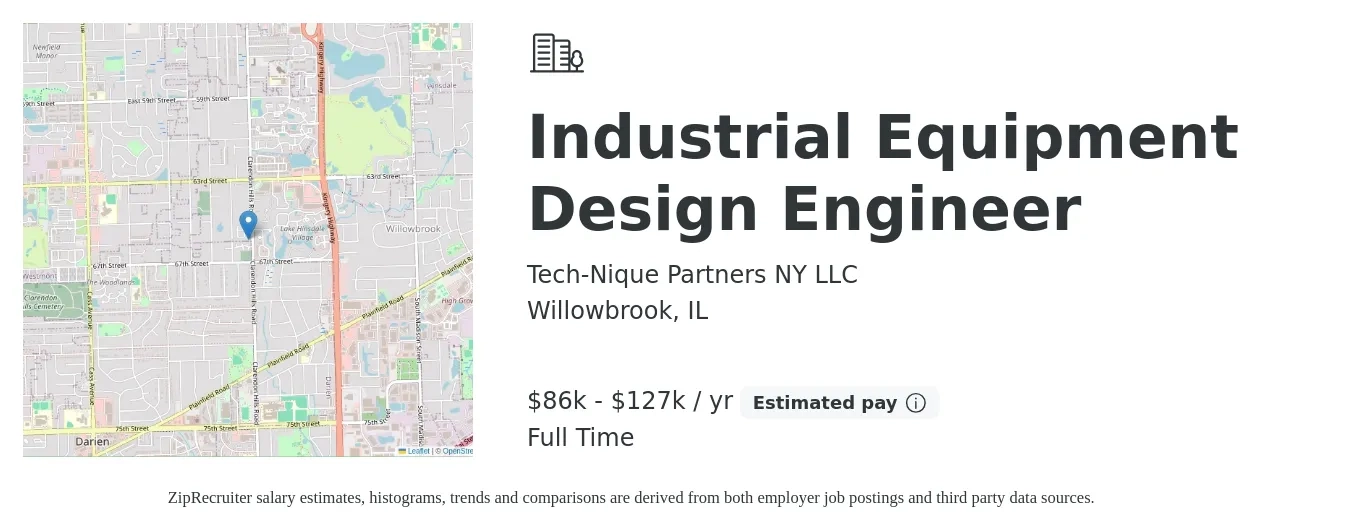 Tech-Nique Partners NY LLC job posting for a Industrial Equipment Design Engineer in Willowbrook, IL with a salary of $86,625 to $127,050 Yearly with a map of Willowbrook location.