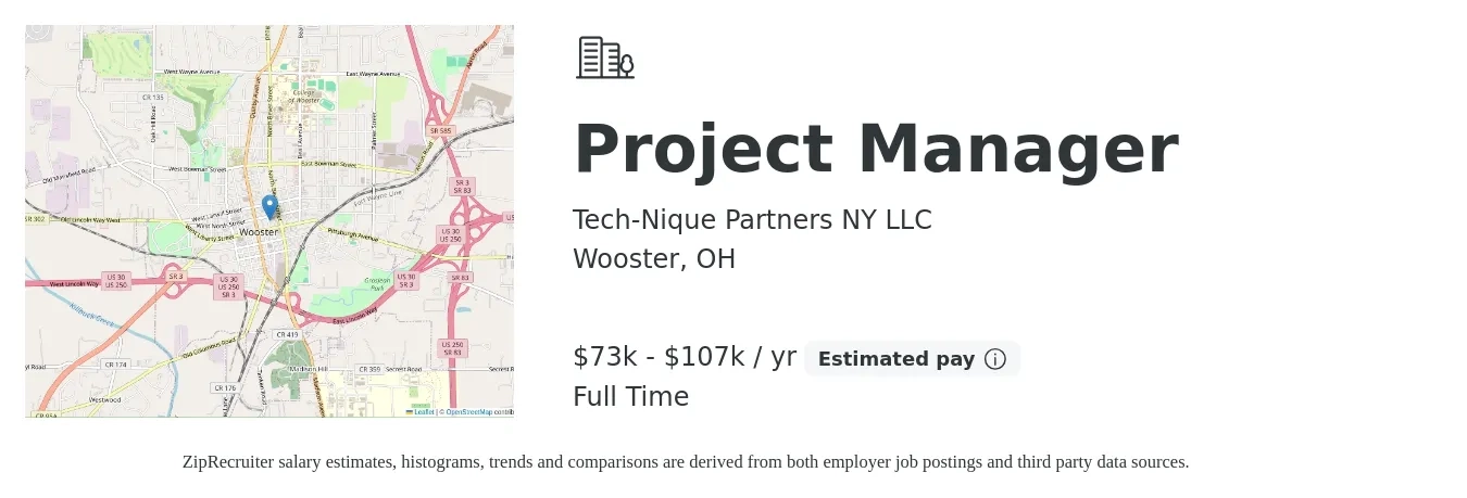 Tech-Nique Partners NY LLC job posting for a Project Manager in Wooster, OH with a salary of $73,575 to $107,910 Yearly with a map of Wooster location.