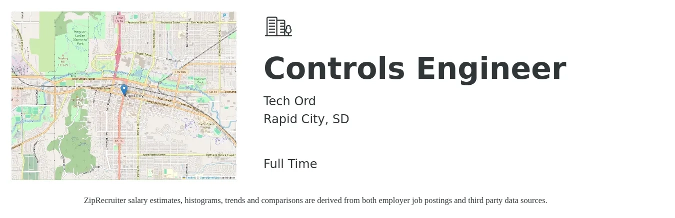 Tech Ord job posting for a Controls Engineer in Rapid City, SD with a salary of $82,400 to $106,600 Yearly with a map of Rapid City location.