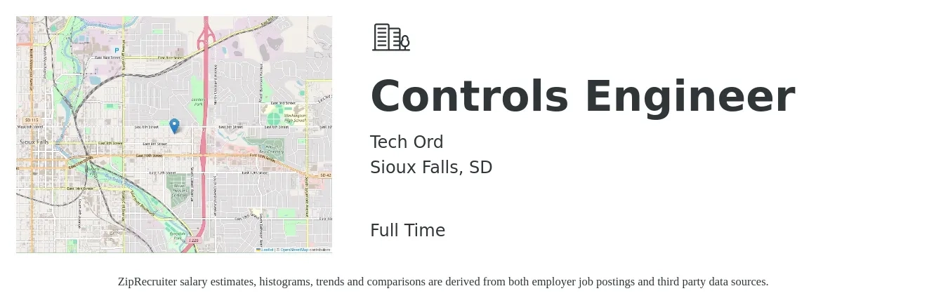 Tech Ord job posting for a Controls Engineer in Sioux Falls, SD with a salary of $83,100 to $107,400 Yearly with a map of Sioux Falls location.