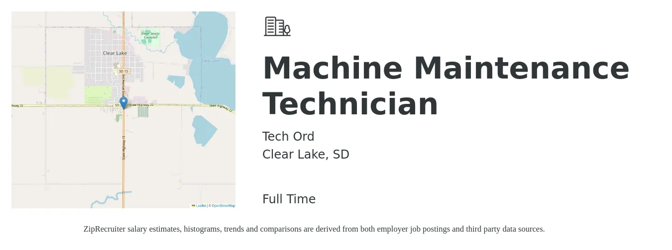 Tech Ord job posting for a Machine Maintenance Technician in Clear Lake, SD with a salary of $20 to $27 Hourly with a map of Clear Lake location.