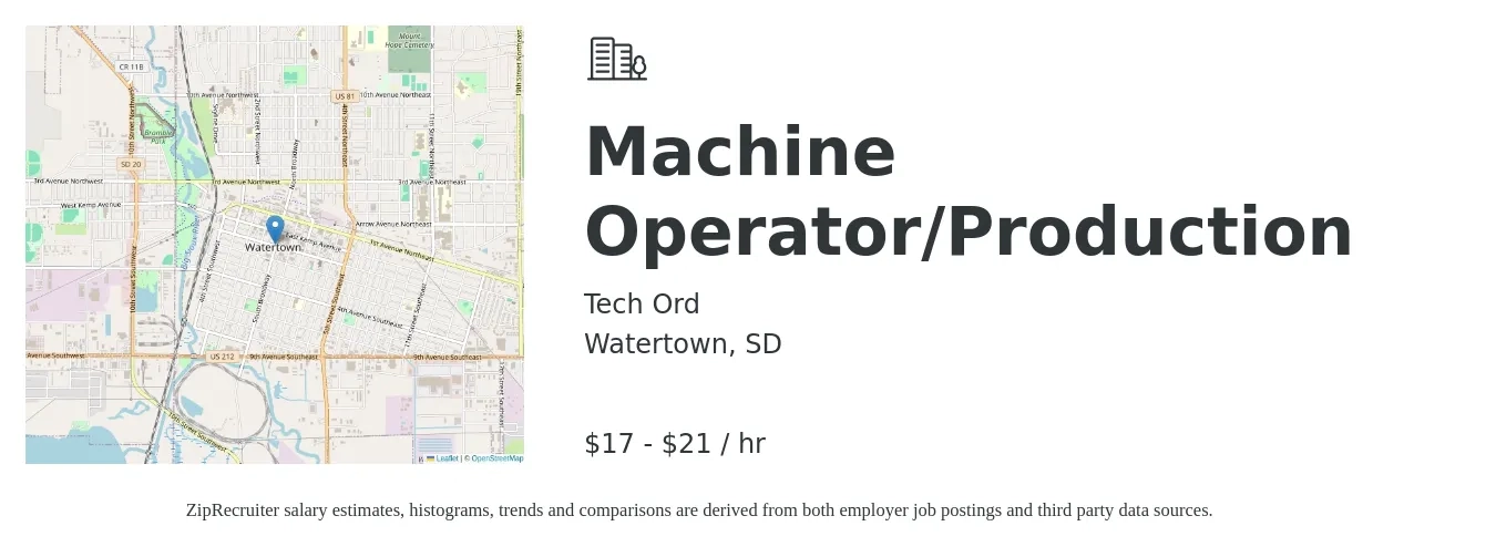 Tech Ord job posting for a Machine Operator/Production in Watertown, SD with a salary of $18 to $22 Hourly with a map of Watertown location.
