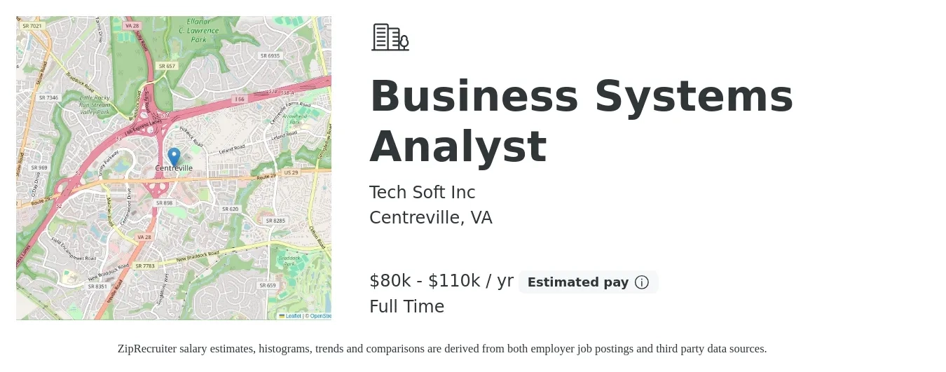 Tech Soft Inc job posting for a Business Systems Analyst in Centreville, VA with a salary of $80,000 to $110,000 Yearly with a map of Centreville location.