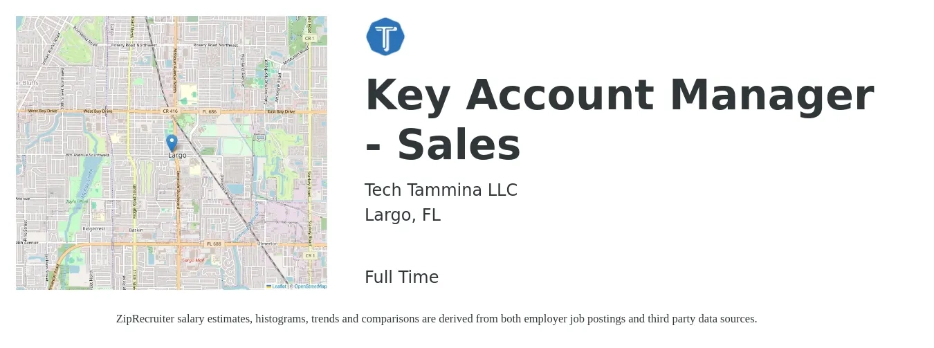 Tech Tammina LLC job posting for a Key Account Manager - Sales in Largo, FL with a salary of $62,400 to $94,900 Yearly with a map of Largo location.