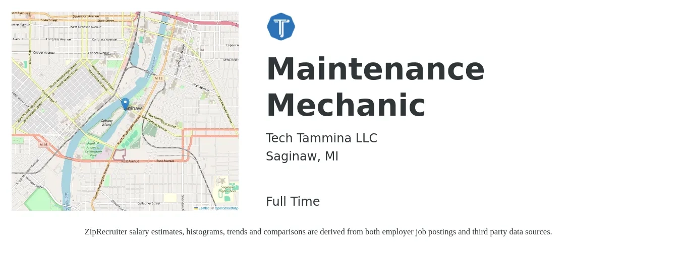 Tech Tammina LLC job posting for a Maintenance Mechanic in Saginaw, MI with a salary of $23 to $30 Hourly with a map of Saginaw location.