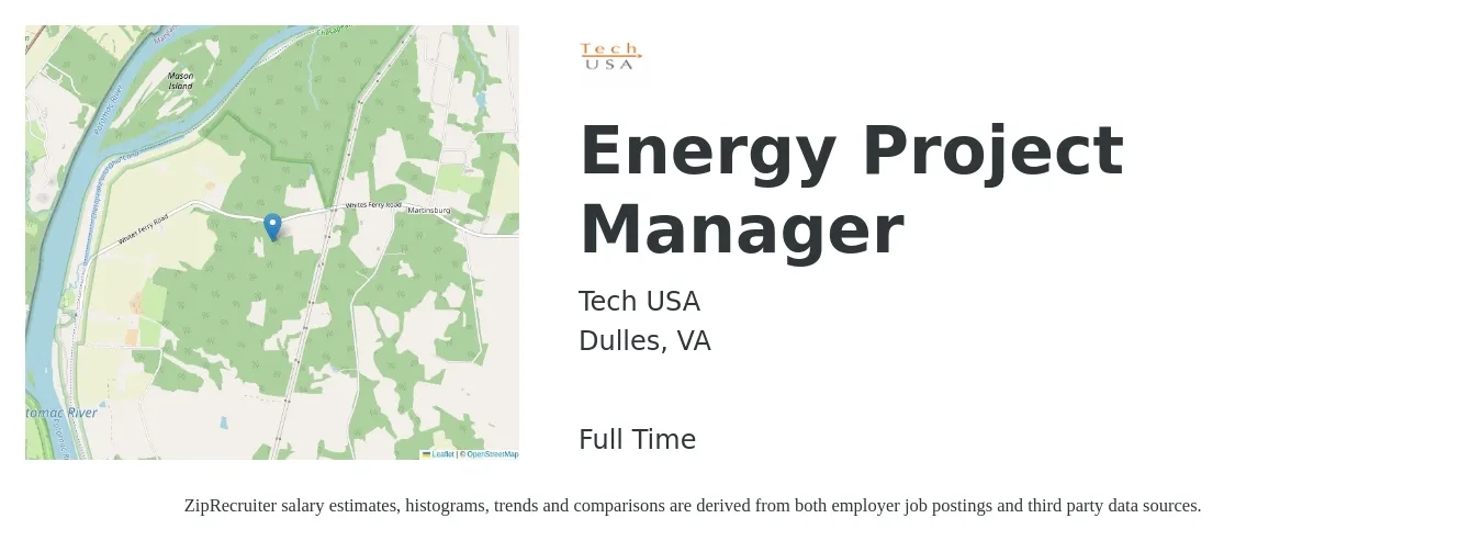 Tech USA job posting for a Energy Project Manager in Dulles, VA with a salary of $76,200 to $115,800 Yearly with a map of Dulles location.