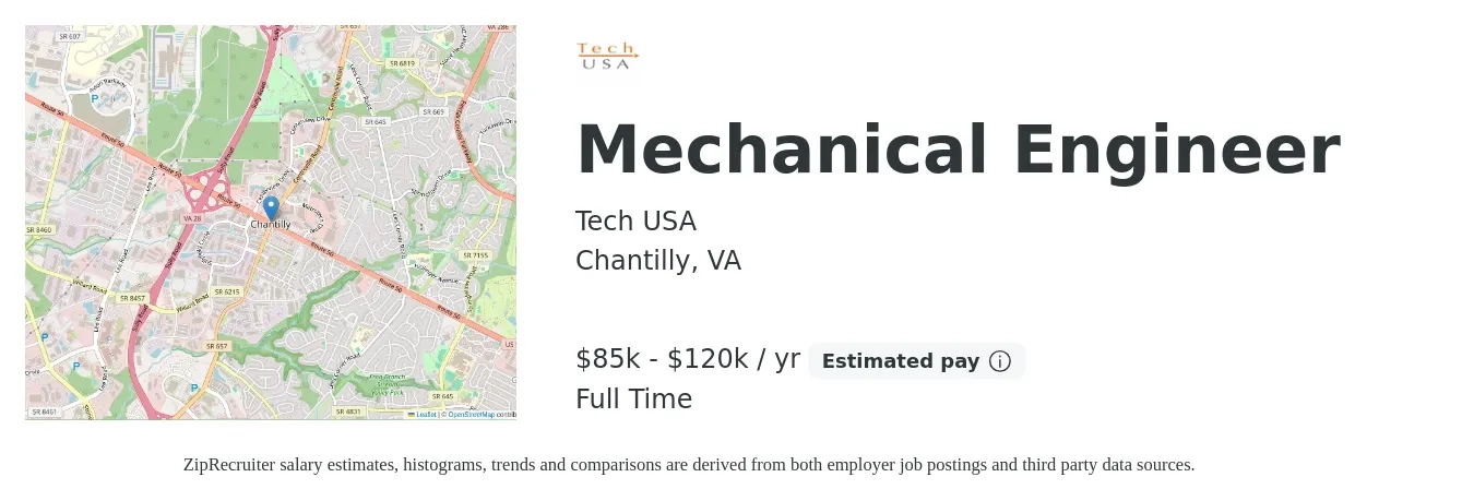 Tech USA job posting for a Mechanical Engineer in Chantilly, VA with a salary of $85,000 to $120,000 Yearly with a map of Chantilly location.