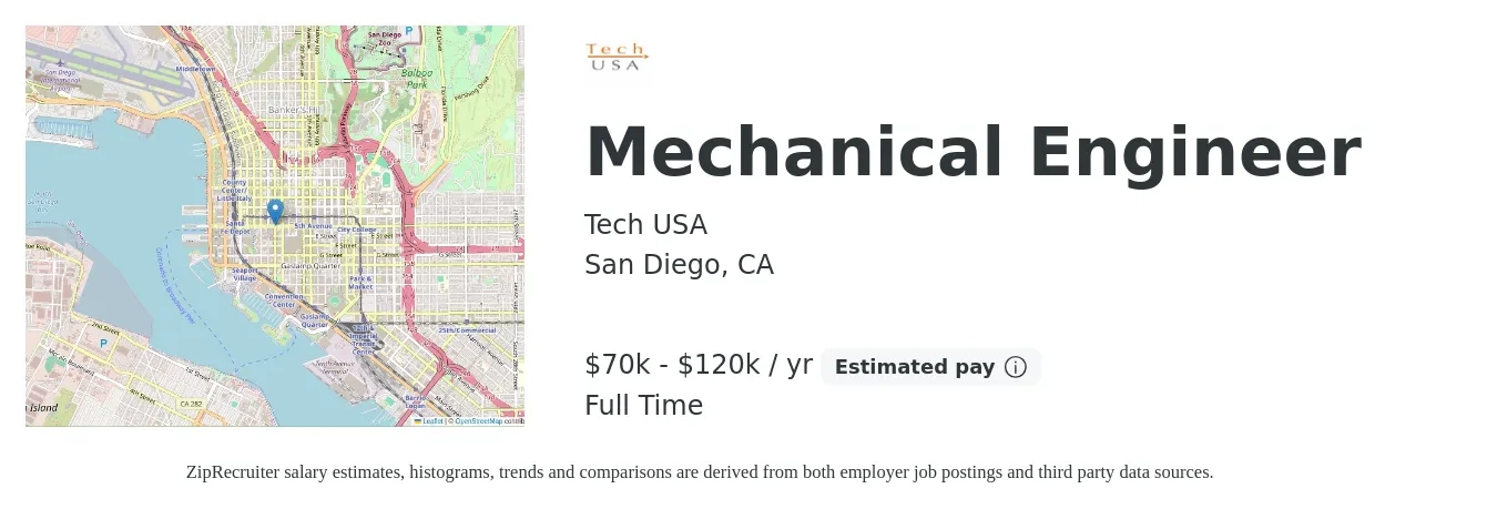 Tech USA job posting for a Mechanical Engineer in San Diego, CA with a salary of $70,000 to $120,000 Yearly with a map of San Diego location.