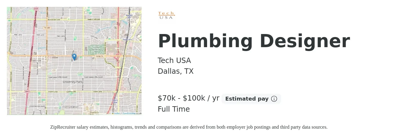Tech USA job posting for a Plumbing Designer in Dallas, TX with a salary of $70,000 to $100,000 Yearly with a map of Dallas location.