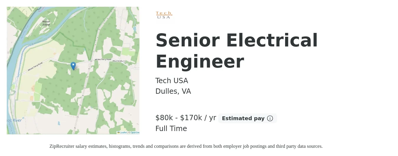 Tech USA job posting for a Senior Electrical Engineer in Dulles, VA with a salary of $80,000 to $170,000 Yearly with a map of Dulles location.