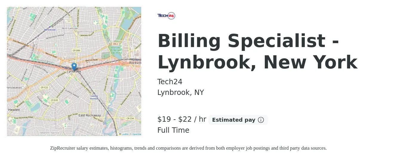 Tech24 job posting for a Billing Specialist - Lynbrook, New York in Lynbrook, NY with a salary of $20 to $23 Hourly with a map of Lynbrook location.