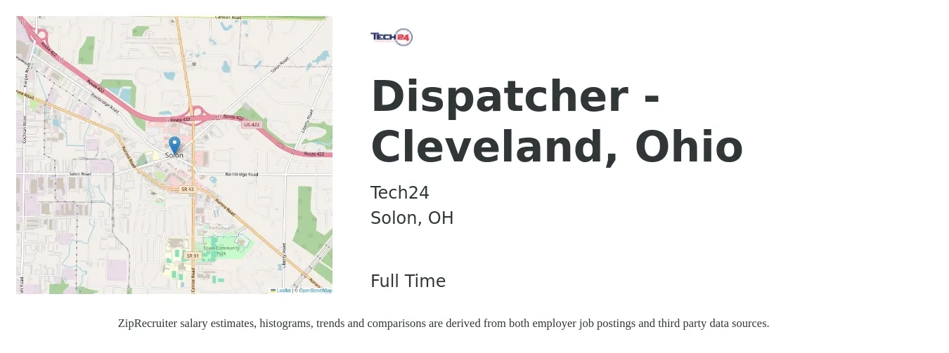 Tech24 job posting for a Dispatcher - Cleveland, Ohio in Solon, OH with a salary of $16 to $23 Hourly with a map of Solon location.
